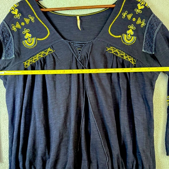 Free People Navy Blue Boho Yellow Embroidered Blouse - Picture 12 of 13